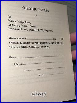 Andre L Simon / Bibliotheca Bacchica 2 Vol Set Tome I Incunables Incunabula 1932