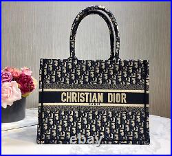 CHRISTIAN DIOR Book Tote Bag Blue Oblique Embroidery Small Size For Women