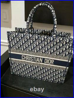 Christian Dior Small Book Tote Bag Blue Oblique Embroidery Womens Authentic