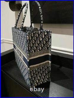 Christian Dior Small Book Tote Bag Blue Oblique Embroidery Womens Authentic