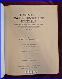 Vintage Book SHAKESPEARE ONCE A PRINTER & BOOKMAN By W. Jaggard Ltd 1st Edition
